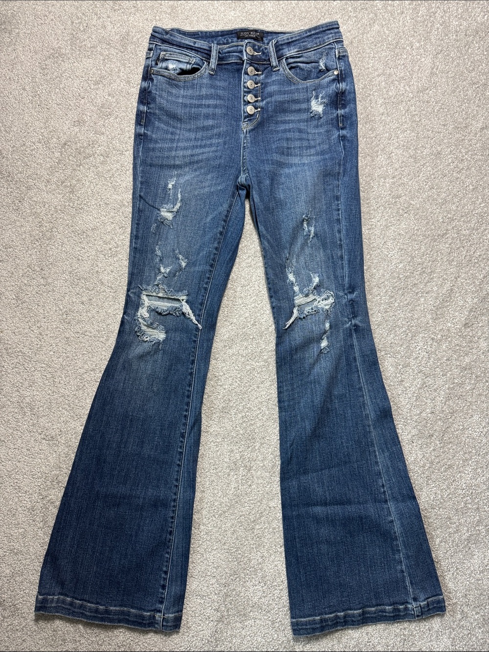Judy Blue Distressed Button-Fly Trouser Flare Jeans - Dark Blue Stretch Rips